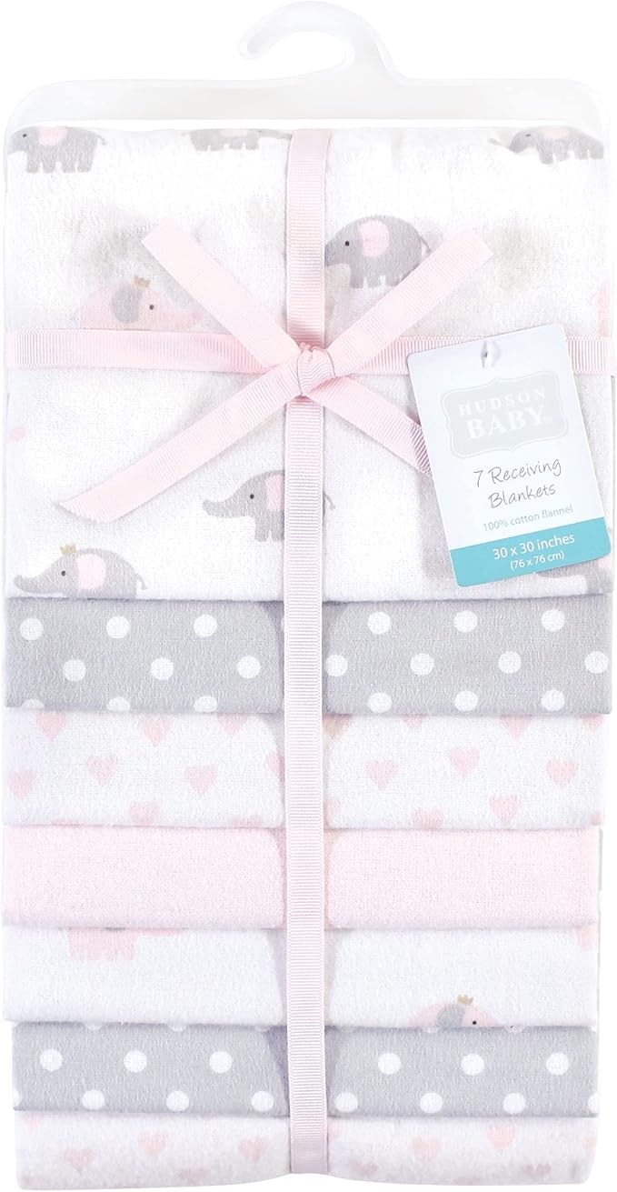 Hudson Baby Unisex Baby Cotton Flannel Receiving Blankets Bundle, Pink Gray Elephant, One Size
