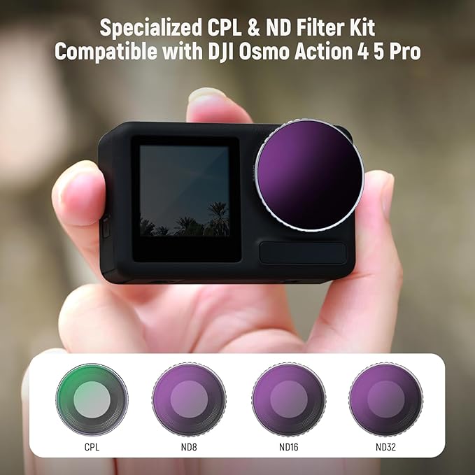 Neewer CPL & ND Filter Set Compatible with DJI Osmo Action 4/Action 5 Pro (4 Pack), Screw On CPL + ND8 + ND16 + ND32 Filter Kit Action Camera Accessories Multicoated HD Optical Glass, FL-A12