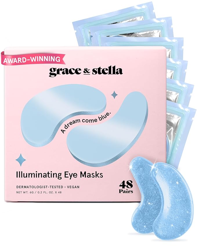 grace & stella Award Winning Under Eye Mask Reduce Dark Circles, Puffy Eyes, Undereye Bags, Wrinkles, Gel Under Eye Patches, Mothers Day Gifts Bulk, Gifts for Teens - Vegan Self Care (48 Pairs, Blue)