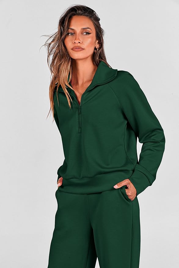 PRETTYGARDEN Women's 2 Piece Outfits Casual Lapel Half Zip Sweatshirts and Wide Leg Pants Tracksuit Sets