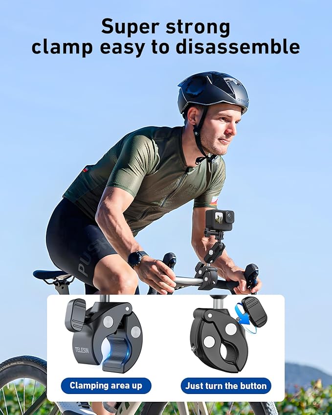 TELESIN Camera Clamp Mount Bike Motorcycle Handlebar Mounts Accessories, 360 Ball Joint Tube Roll Bar Holder Clip for DJI Osmo Pocket 4/DJI Osmo Action 6/Action 5 4 Pro/Hero 13 12 11 10 9/Insta 360 X5