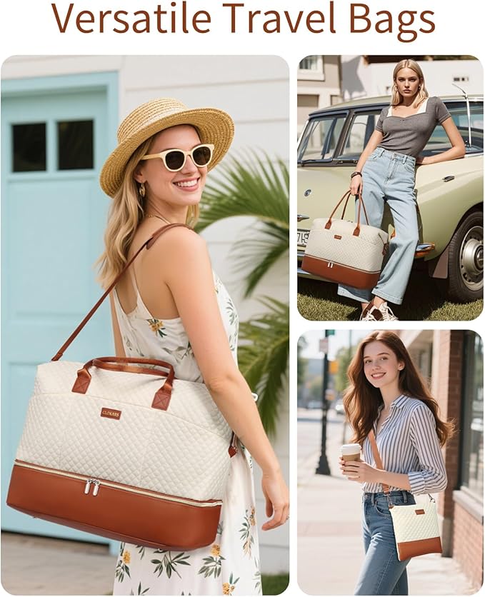 Weekender Bags for Women Travel, Overnight Bags Carry On Duffle Bag with Shoe Compartment for Airplane Large Tote Bag for Weekend Over Night, Hospital Bags, Women Gifts, Beige Brown
