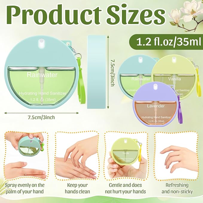 Set of 3 Power Mist Hydrating Hand Sanitizer Spray Bulk Travel Size Refreshing Hand Sanitizer 1.2 Fl. oz Compact Spray Bottle Vanilla Lavender Rainwater Scent for Daily Personal Use Gifts