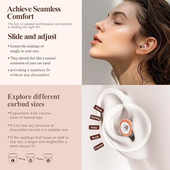 Noise-Canceling Earplug for Sleeping Transparent Ring Hearing Protection,Noise Canceling and Washable,3 Pairs S-L Ear Plugs,-26 dB,Sleep Earplugs for Work,Travel,Swimming Snoring Pink