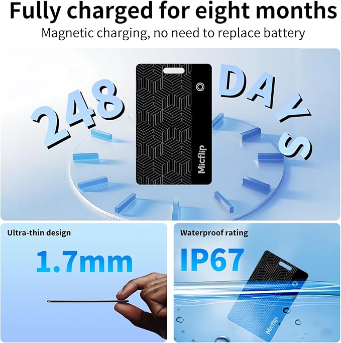 Wallet Tracker Card [Apple MFi Certified] (iOS and Android) Bluetooth Tracker Card, 0.07in Rechargeable Smart Tracking Card Work with Apple Find My, Keys, Luggage Tags, Bags, Passports, Purse(1 Pack)