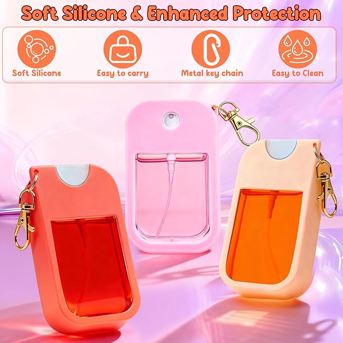 3 Pcs Silicone Case with Keychain Compatible with Touchland Hand Sanitizer Spray Mist 1 fl oz, 3 Colors Anti-Slip Protective Case(Red,Pink,Orange)