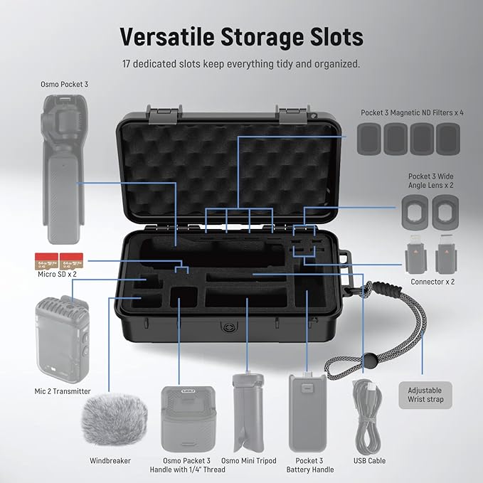 NEEWER Hard Case Compatible with DJI Osmo Pocket 3 & Creator Combo Accessories, IP67 Waterproof Dustproof Shockproof Portable Travel Storage Case with Custom Foam Inserts & 17 Slots, AC022