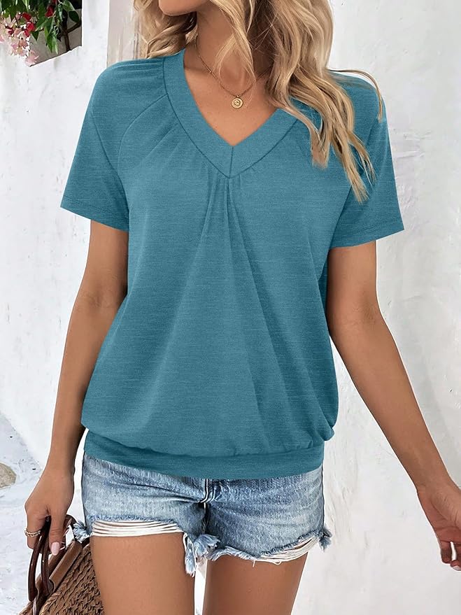 AUTOMET Womens Tops Short Sleeve V Neck T Shirts 2026 Summer Spring Beach Vacation Clothes Casual Loose Ruched Top