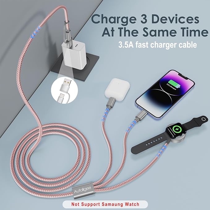 2Pack Travel Essentials for Apple Watch Charger,3 in 2 USB C Cable for Multi Charging Cable Cord,Vacation Camping RV Essentials Portable Designed for iWatch &iPhone 17-11 -4FT Pink