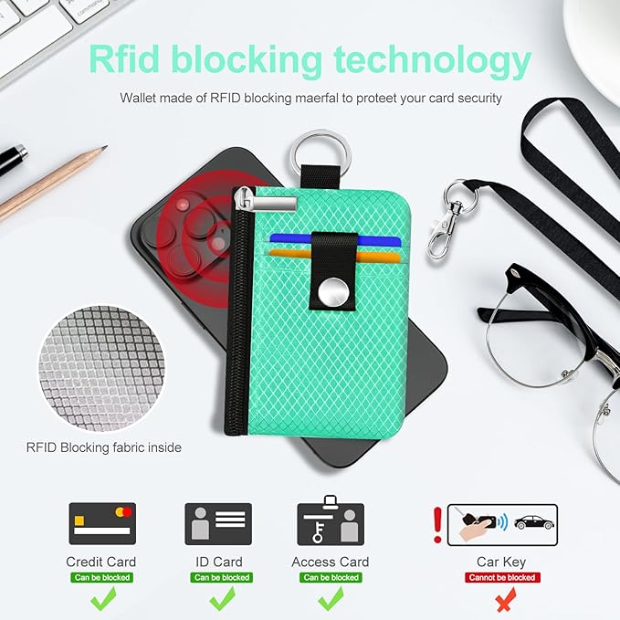 Minimalist RFID Blocking Small Wallet with ID Window,WaterResistant Zip Id Case Wallet with Lanyard Keychain for Cards,Cash,Travel,Women,Men (Mint Green)