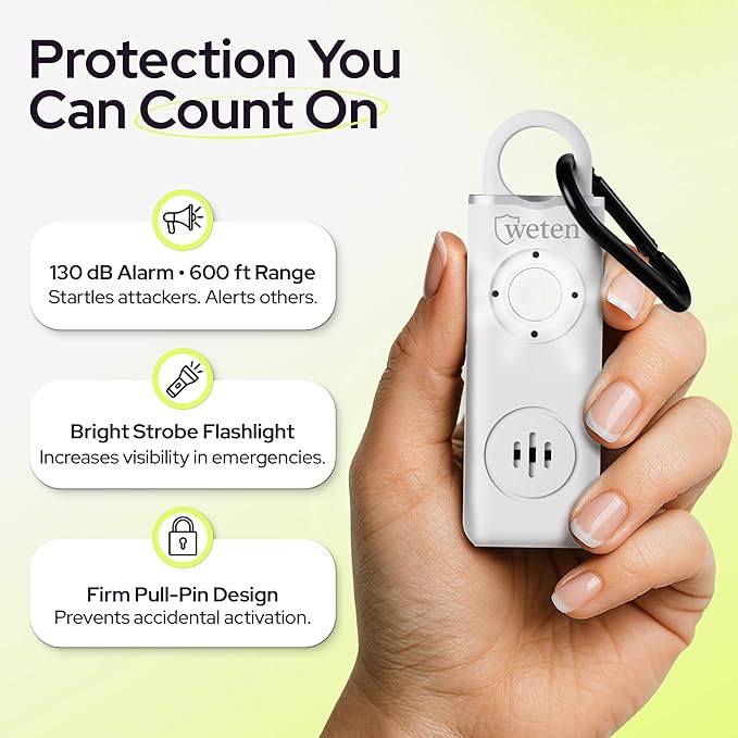 Personal Alarm for Women Safety - 130dB Loud Rechargeable Keychain Siren - LED Light, Carabiner Clip, Low Battery Alert, USB-C Charging TSA Safe Self Defense Alarm by Weten (White)