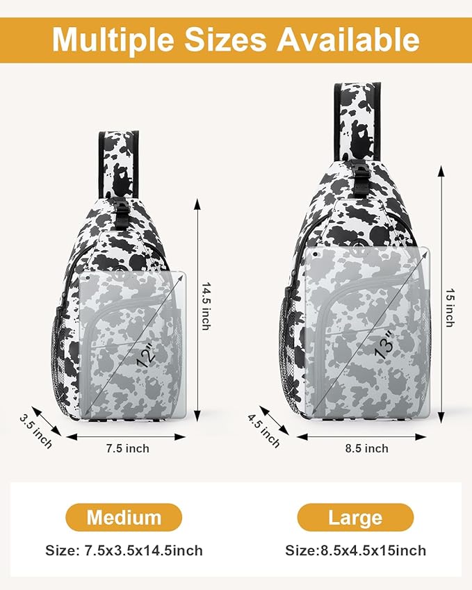 Pritent Crossbody Bags for Women Man Waterproof Sling Bag Backpack Trendy Casual Cross Body Bag with Convertible Shoulder Strap Chest Bag for Camping Hiking Travel Essentials (Cow print, Large )
