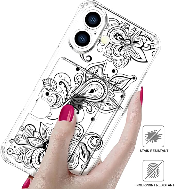 Compatible with iPhone 17 Case Card Holder for Women Cute Design,Wallet Phone Cases Transparent Cool Kawaii Protective (Clear Black Henna Flower)