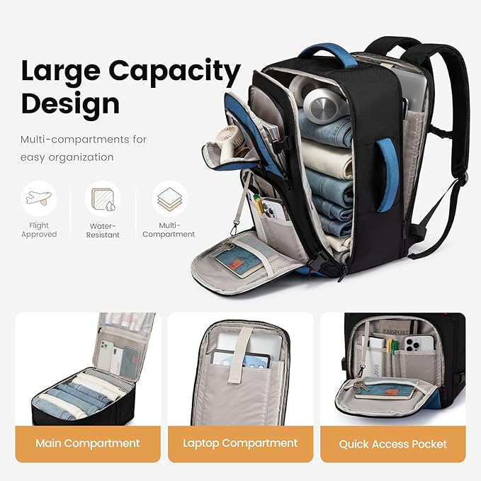LOVEVOOK 40L Travel Backpack for Men, Airline Approved Carry On Bag with 3 Packing Cubes, TSA Overnight Bags, Waterproof Personal Item Bag, Weekender Essentials Backpacks fits 17.3" Laptop