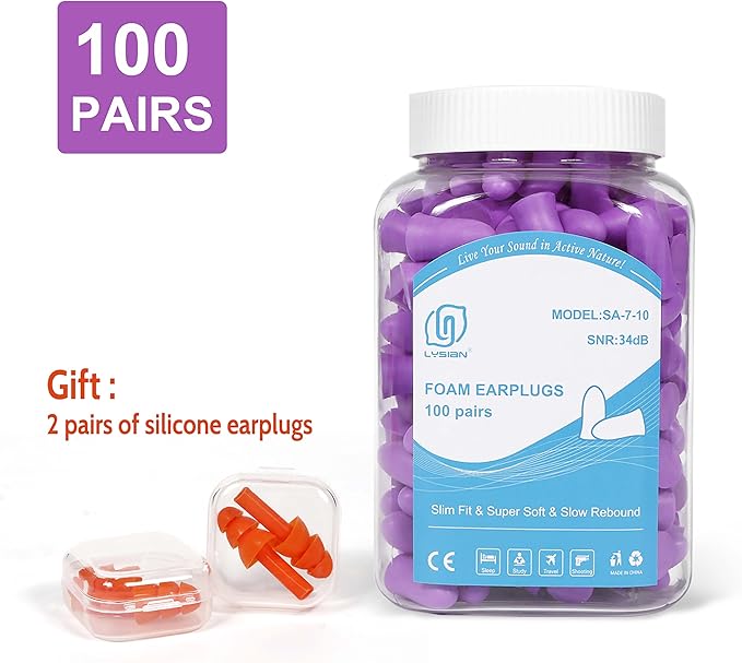 LYSIAN Small Foam Ear Plugs for Small Ear Canals, 100 Pairs Soft Noise Reducing Earplugs for Sleeping, Study, Work, Travel, Women Teens, Purple