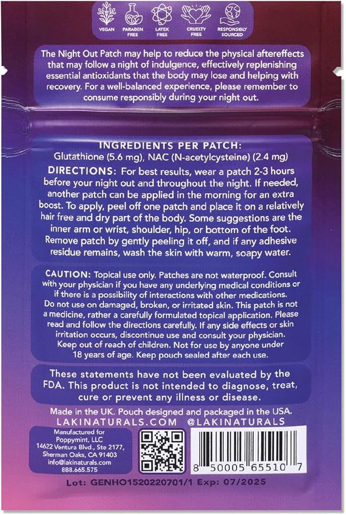 Laki Naturals Night-Out Patch (1 Count, Pack of 15) |All Natural Antioxidant Support After Drinking, Hypoallergenic