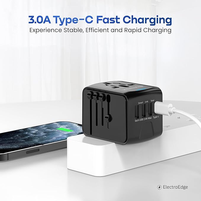 Universal Travel Adapter with 3USBA + 1USBC Port, All-in-1 Worldwide Travel Adapter | European to UK Plug Adaptor | International Travel Plug Adapter for US/EU/AUS/UK