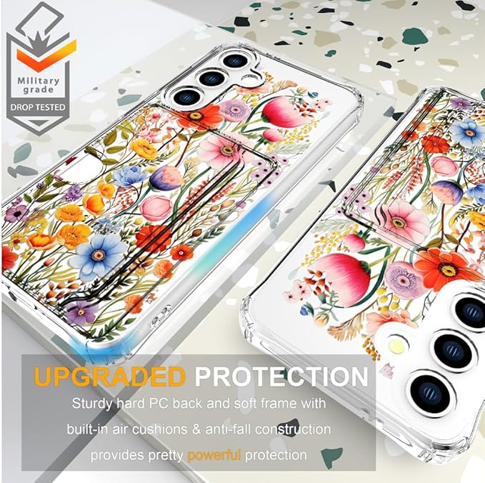 Compatible with Samsung Galaxy S24 / S25 Case Card Holder for Women Cute Design,Wallet Phone Cases Transparent Cool Kawaii Protective (Clear Flowers Lily Girly Florals)