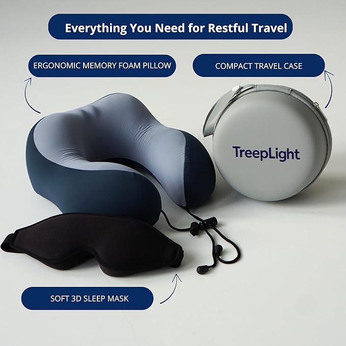 Travel Pillow Set – Memory Foam Neck Pillow with 3D Sleep Mask, Eye Mask for Sleeping, Free Earplugs & Compact Case, Travel Essentials for Airplane, Gift for Men & Women