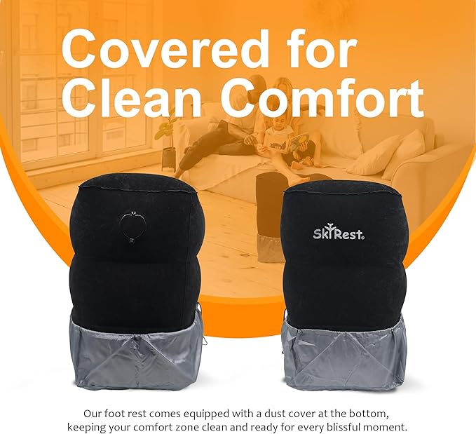 Inflatable Travel Foot Rest Pillow - Adjustable Leg Rest for Airplane, Car, Train, Home & Office, Comfortable Seat Extender for Kids - Black