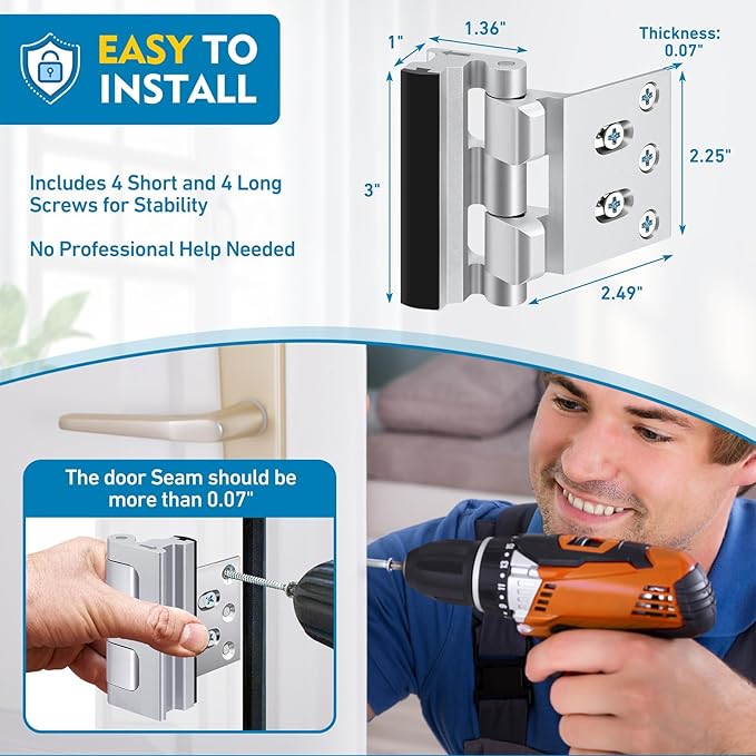 Door Reinforcement Lock, 800 lbs Anti-Kick Child-Proof Security for Inward-Swing Doors – Home & Renter Friendly, Quick DIY Install (8 Screws Included, 1 Pack) for Apartments and Houses