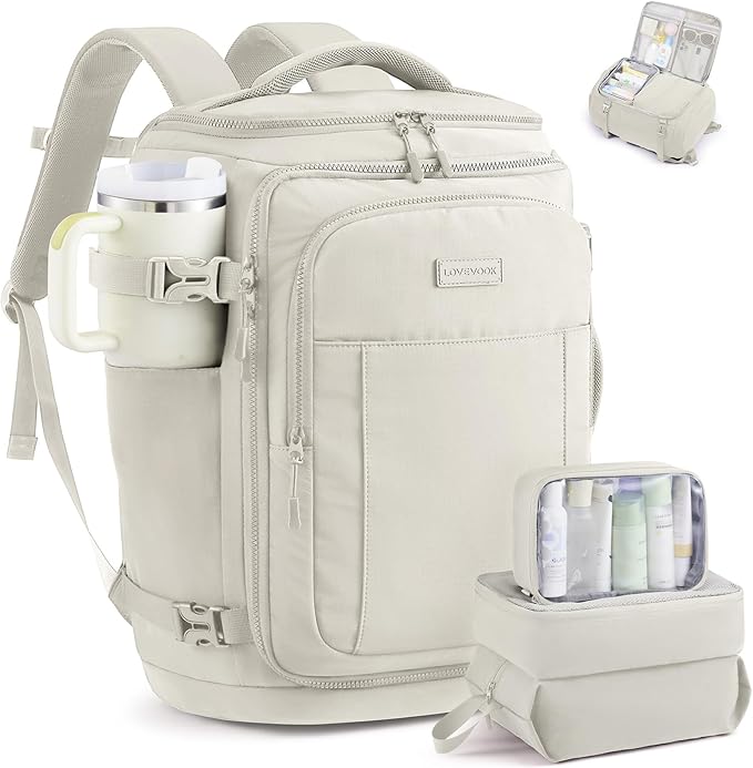 LOVEVOOK Travel Backpack for Women & Men, 40L TSA Approved Carry On Backpack with 3 Packing Cubes, Waterproof Weekender Overnight Bag for 2-4 Day Trips, Business & Travel Essentials, Beige Gray