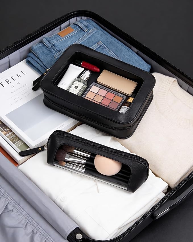 LETGO 2Pack Clear Makeup Bags Set, Portable Makeup Brush Bag, Zipper Storage Bag Organizer Pouch, Versatile Storage Stationery, Travel Storage Bag, Portable Cosmetic Storage Bag (Black)