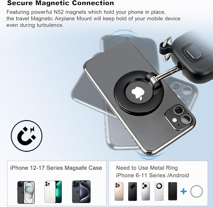 koolehaoda Airplane Phone Holder for Magsafe Air Plane Travel Essentials Magnetic Phone Mount Compatible with iPhone 17-12 Galaxy Mag-Safe Case, Handsfree for Long Flight Flying - Black