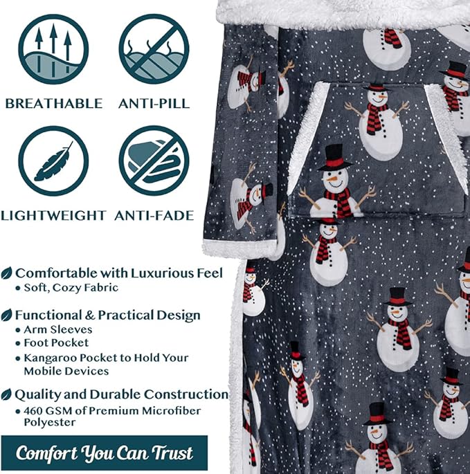 PAVILIA Sherpa Blanket with Sleeves, Foot Pocket for Women Men Adults, Thick Wearable Blanket Throw Wrap, Fleece Warm Snuggle Blanket Robe, Cozy Gift Ideas Wife Mom, Snowman Gray