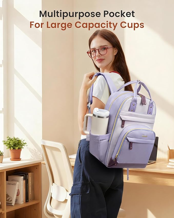 LOVEVOOK Laptop Backpack for Women with Giant Tumbler Holder,17 inch School College Book Bag Nurse Teacher Backpack,Work Travel Backpack Purse Laptop Computer Bag, Taro purple-Light purple-Purple