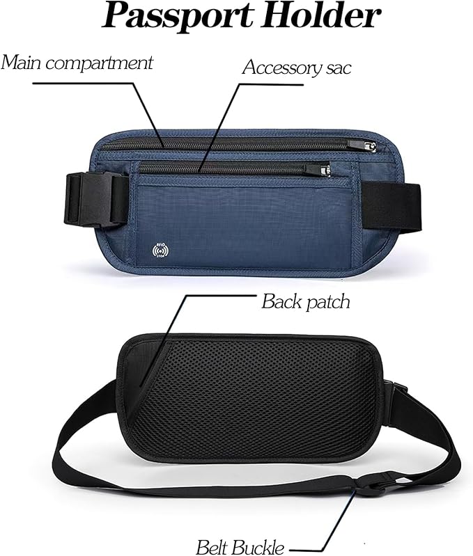 Blue Hidden Money Belt for Travel for Men, Waist Wallet Anti Theft, RFID Passport Holder For Travel Men Or Women, Money Pouch, RFID Passport Holder