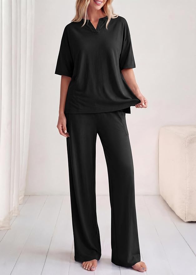 KIRUNDO Womens 2 Piece Matching Lounge Set Airport Travel Vacation Summer Outfits Oversized Short Sleeve Tops Wide Leg Pants