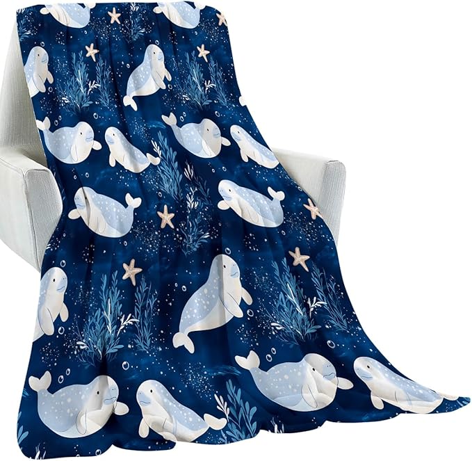 Cartoon Manatee Blanket Gifts for Kids Girls Women,Cute Ocean-Themed Navy Blue and White Throw Blankets,Soft Comfy Lightweight for Room Couch Bed Modern Stylish Decor,Sea Life Lover 60x50in