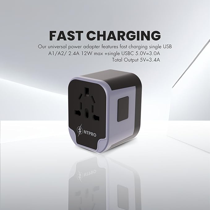 5 in 1 Universal Travel Adapter-10A | International Power Adapter with 2 USB C, 2 USB A Ports | 3.4A & 2400W Fast Portable Charger | Travel Adapter Worldwide Covering 200+ Countries- Black