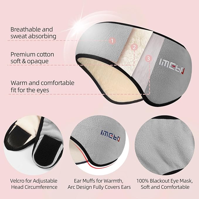 Sleep Mask with Adjustable Heads, Earmuffs for Sleep, Ear Warmers for Men & Women, 2 in 1 Ear Mask and Eye Cover, Comfortable & Soft for Side Sleepers (Grey)
