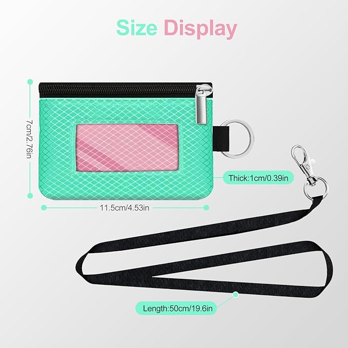 Minimalist RFID Blocking Small Wallet with ID Window,WaterResistant Zip Id Case Wallet with Lanyard Keychain for Cards,Cash,Travel,Women,Men (Mint Green/Pink)