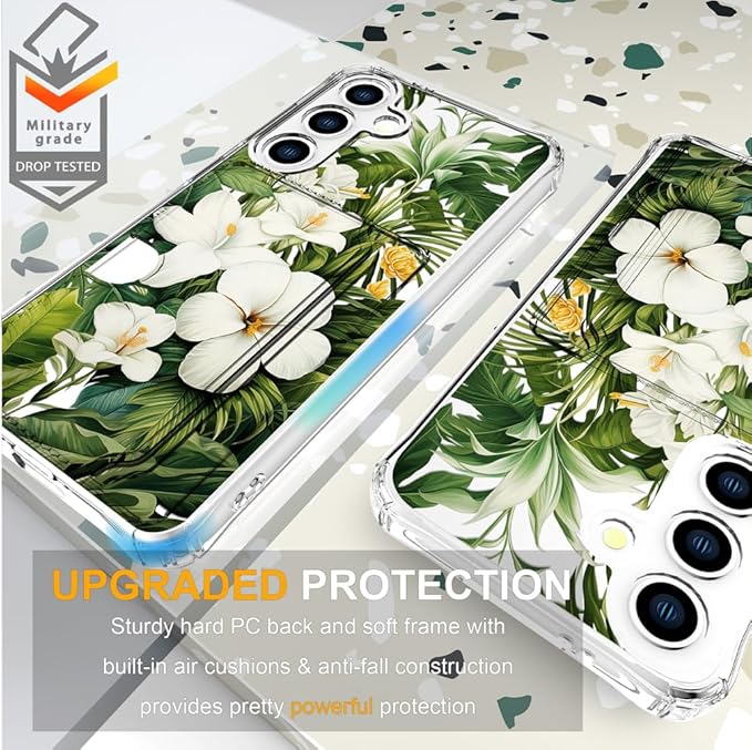 Compatible with Samsung Galaxy S24+ Plus / S25+ Plus Case Card Holder for Women Cute Design,Wallet Phone Cases Transparent Cool Kawaii Protective (Clear Green Flowers Tropical Jungle)
