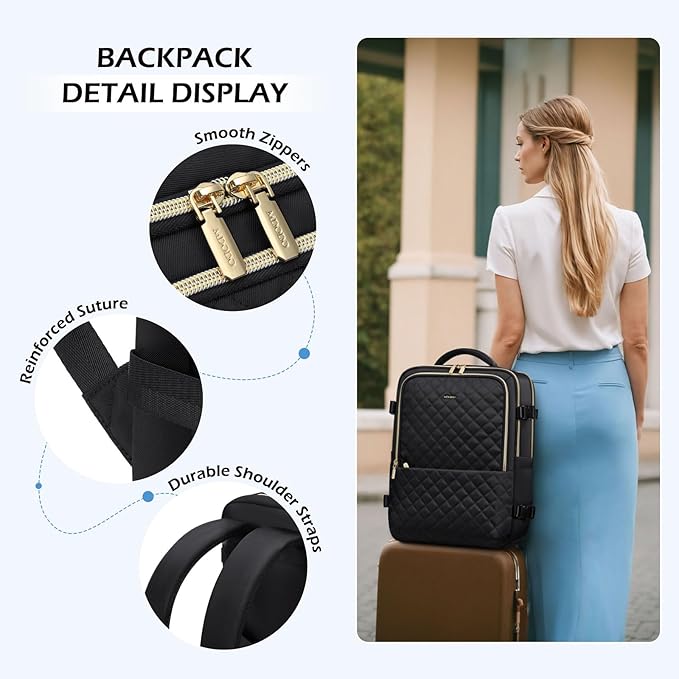 MDODO Travel Backpack for Women Men - Large Carry On Luggage Laptop Backpack Lightweight Daypack Waterproof Causal Bookbag Computer Backpack for College,Travel,Work,Fits 15.6Inch, 36L, Black
