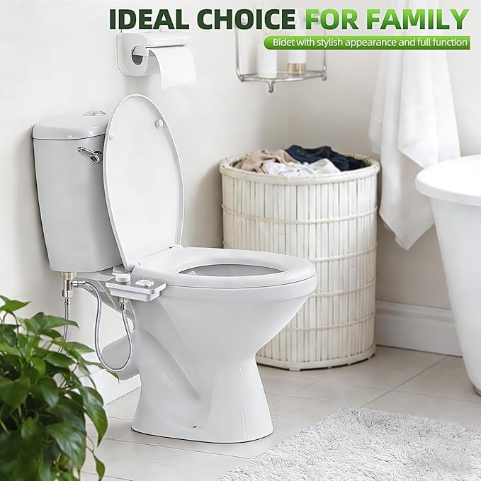 SAMODRA Bidet Attachment, Non-Electric Cold Water Bidet Toilet Seat Attachment with Pressure Controls, Retractable Self-Cleaning Dual Nozzles for Frontal & Rear Wash - Brushed Nickel