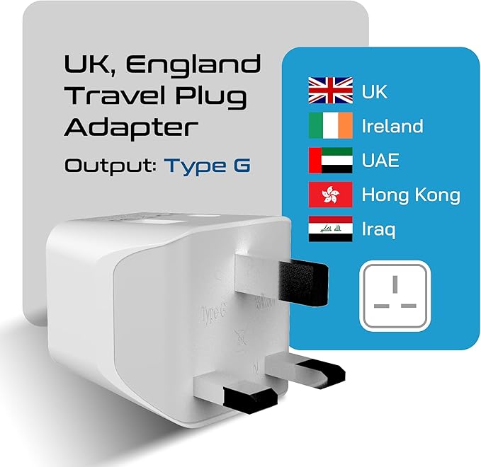 Ceptics Type G Travel Adapter - Canada to UK, Ireland & UAE Grounded Plug Adapter with Dual USB Ports for Electronic Devices (CTU-7)