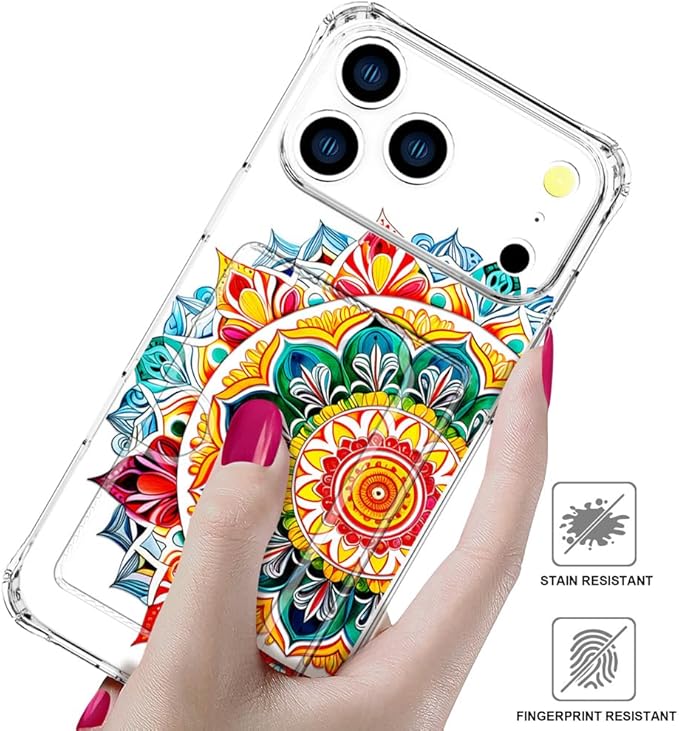 Compatible with iPhone 17 Pro Case Card Holder for Women Cute Design,Wallet Phone Cases Transparent Cool Kawaii Protective (Clear Mandala Henna Flower)