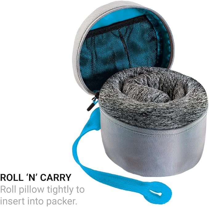 Universal Travel Pillow Packer, Compatible with Most U-Shaped Memory Foam Neck Pillows, Roll to Fit, Perfect for Airplane, Bus, Car, and Train Journey, Travel Essentials, Blue