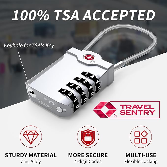 TSA Approved Locks for Luggage, 2 Pack Combination Travel Steel Cable Lock, Re-settable 4 Digit Padlocks with Inspection Indicator, Alloy Body Keyless Padlock for Lockers, Backpacks, Bags - Silver