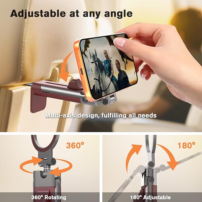 Airplane Phone Holder Travel Essentials for Women Magnetic Phone Holder for Plane Tray Table & Luggage Handle,Travel Sized 360° Rotation Foldable Desk Phone Stand for Long Flight Flying Claret