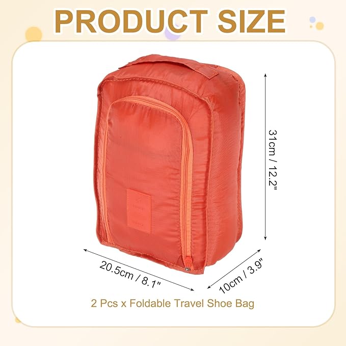 Foldable Travel Shoe Bag, Waterproof Shoe Pouches Organizer with Handle Travel Packing Cubes -Fitting for Storing (Sneakers/Sandals/Fitness Shoes) 2 Pcs & Orange