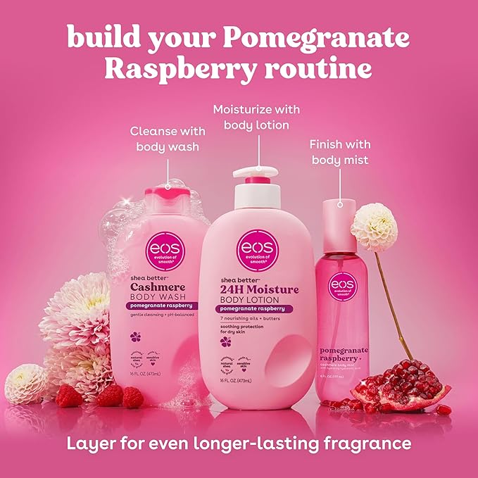 eos Cashmere Body Wash – Pomegranate Raspberry, Moisturizing Body Wash, Creamy Gel Formula, with Shea Butter, Glycerin, Vitamin E, pH Balanced, Sensitive Skin, Vegan, 16 fl oz