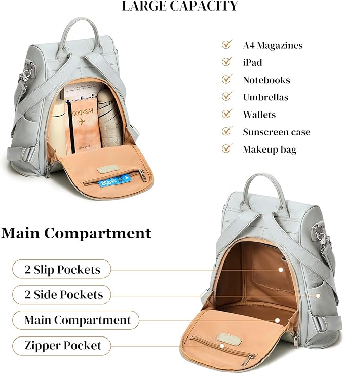 Leather Backpack Purses, Anti-theft Genuine Leather Backpack Bags for Women, Large Capcacity Fashion Convertible Shouler Bags for School Travel Daily