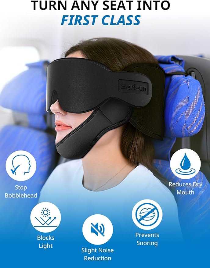 SARISUN Airplane Pillow Combo with Chin Strap, Travel Pillows for Airplanes with Sleep Eye Mask, Plane Pillow for Long Flights, Car Road Trip, 360° Headrest, Stop Bobblehead, Black