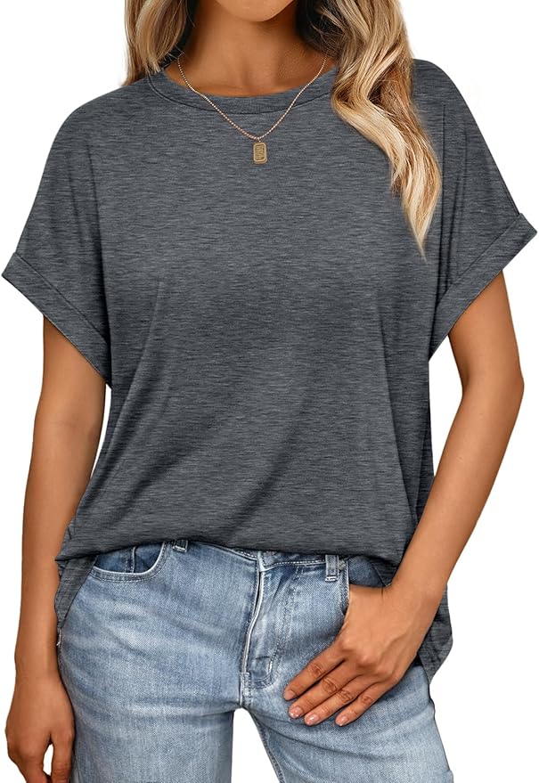 AUTOMET Women's Oversized Short Sleeve T Shirts Casual Drop Shoulder Rolled Cuff Summer Tops for Work, Travel and Lounge