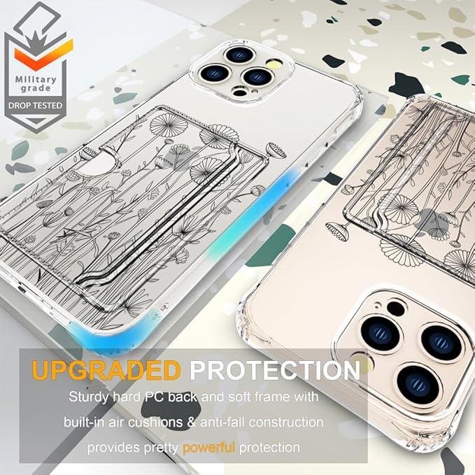 Compatible with iPhone 16 Pro Max Case Card Holder for Women Cute Design,Wallet Phone Cases Transparent Cool Kawaii Protective (Clear Black Flower Bouquet)